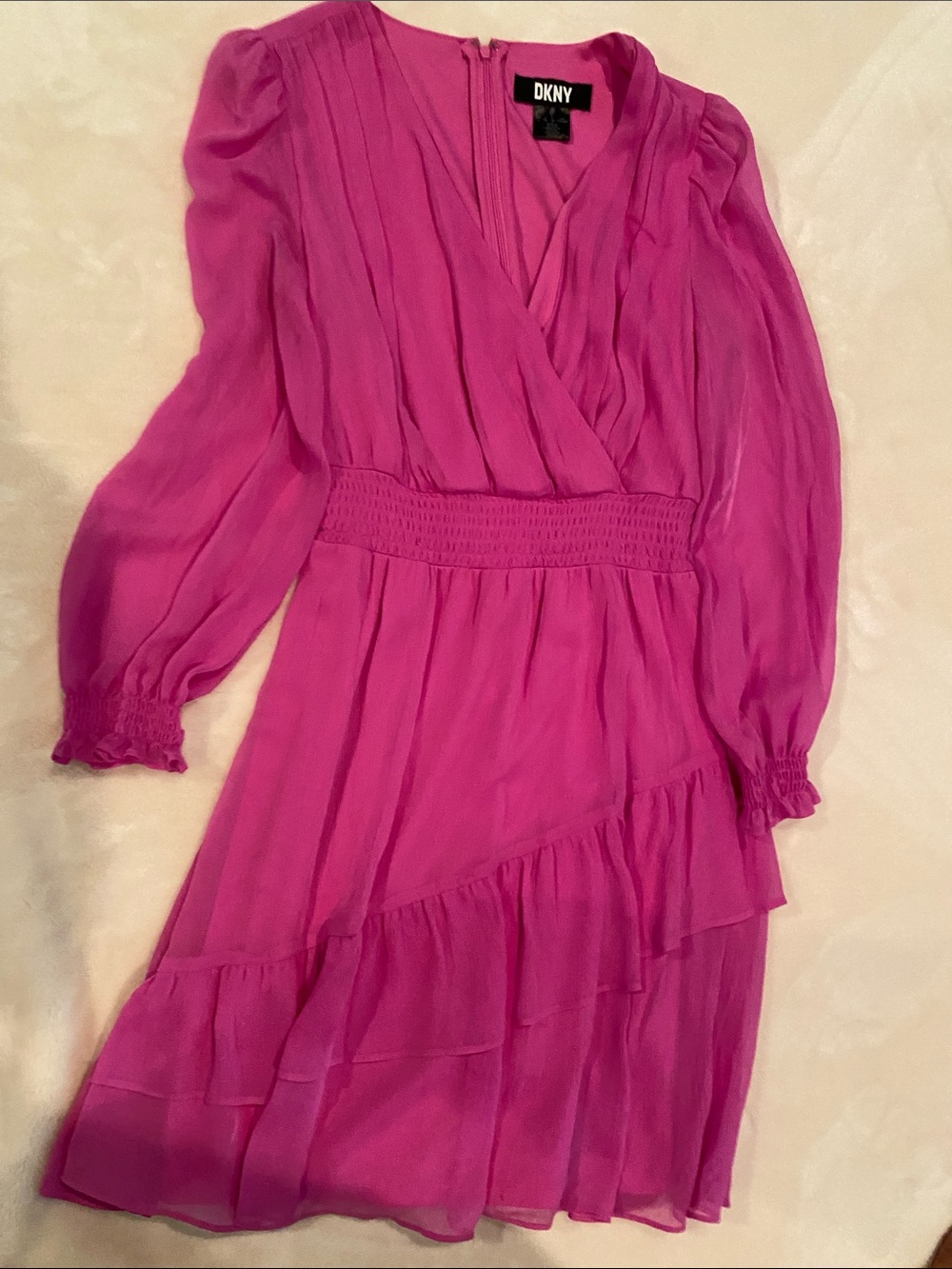 DKNY Bright Fuchsia Long Sleeve Ruffle Wrap Dress